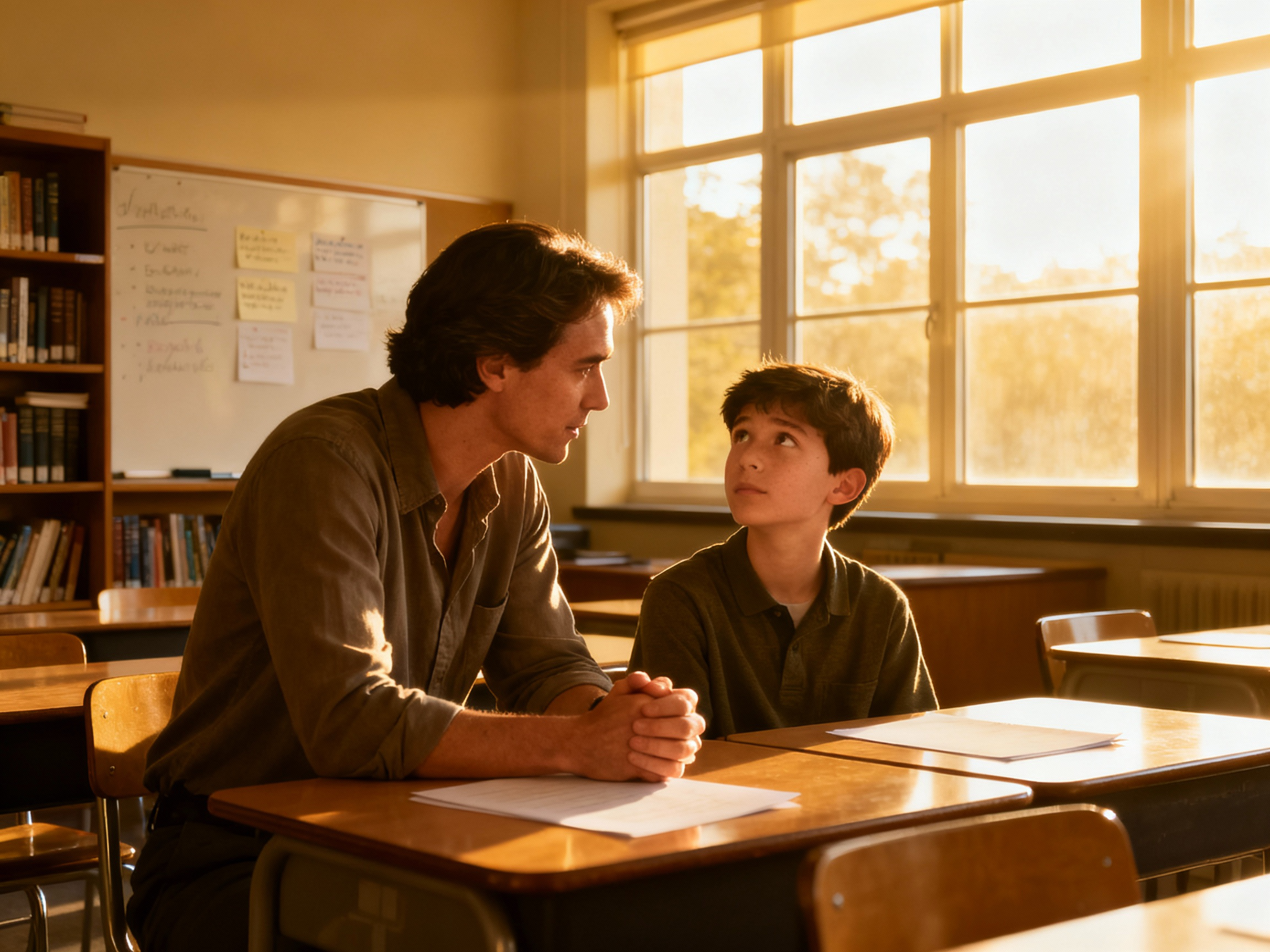 Teacher and student in a warmly lit classroom
